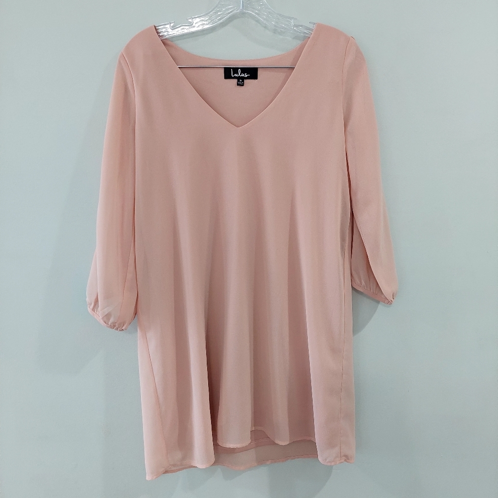 Lulus Dress small half sleeve chaffon v-neck lined peachy beige above knee